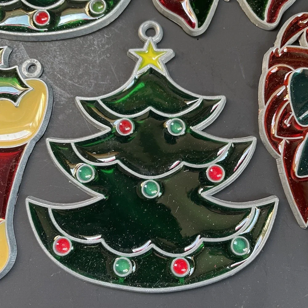 Vtg Lot‎ of 5 Faux Stained Glass Sun Catcher Christmas Window Ornaments Tree